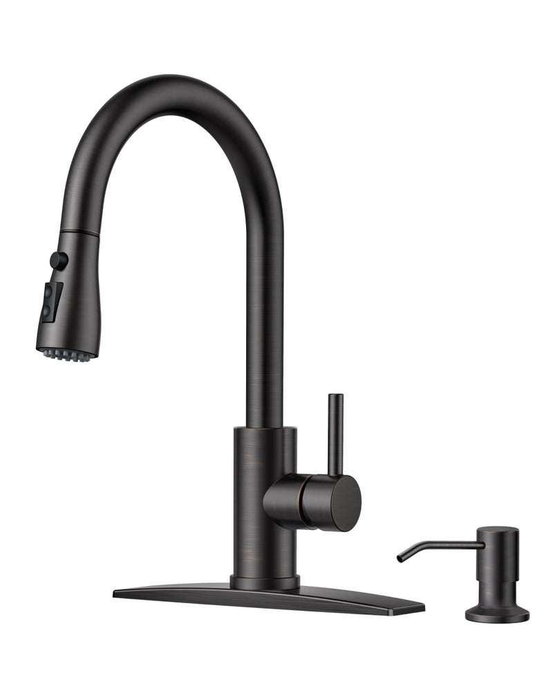 FORIOUS Kitchen Faucet with Soap Dispenser and Pull Down Sprayer, Bar High Arc Single Handle Classic 3 Modes Stainless Steel Faucet for Kitchen Sink Farmhouse RV Laundry Camper, Oil Rubbed Bronze - Image 1