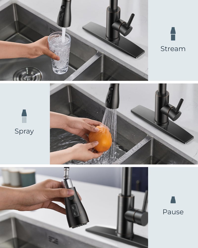FORIOUS Kitchen Faucet with Soap Dispenser and Pull Down Sprayer, Bar High Arc Single Handle Classic 3 Modes Stainless Steel Faucet for Kitchen Sink Farmhouse RV Laundry Camper, Oil Rubbed Bronze - Image 3