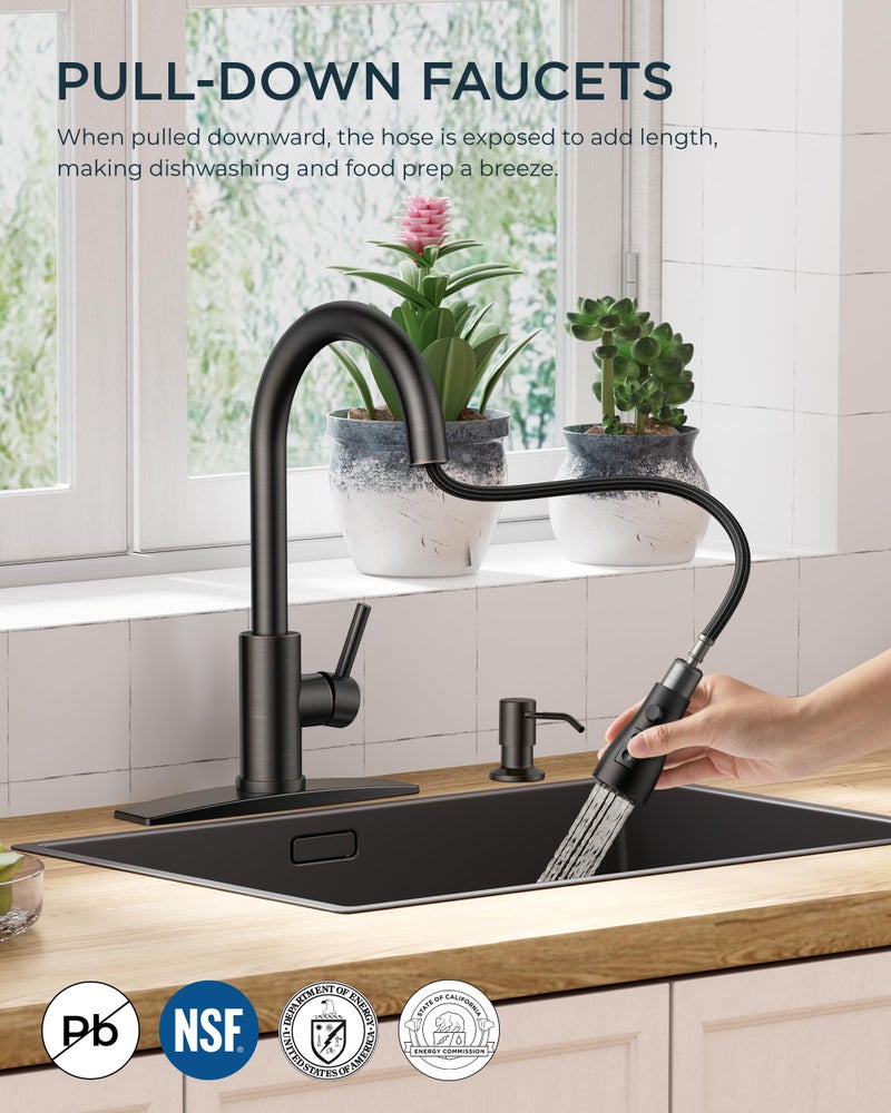 FORIOUS Kitchen Faucet with Soap Dispenser and Pull Down Sprayer, Bar High Arc Single Handle Classic 3 Modes Stainless Steel Faucet for Kitchen Sink Farmhouse RV Laundry Camper, Oil Rubbed Bronze - Image 2