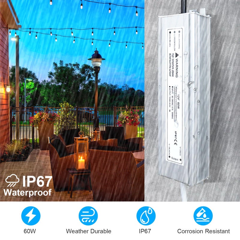 LightingWill LED Driver 60 Watts Waterproof IP67 Power Supply Transformer, 90-265V AC to 12V DC Low Voltage Output, Adapter with 3-Prong Plug 3.3 Feet Cable for Outdoor Use, Computer Project - Image 4