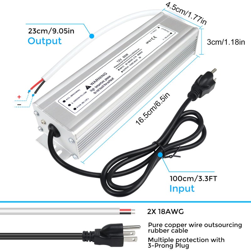 LightingWill LED Driver 60 Watts Waterproof IP67 Power Supply Transformer, 90-265V AC to 12V DC Low Voltage Output, Adapter with 3-Prong Plug 3.3 Feet Cable for Outdoor Use, Computer Project - Image 3