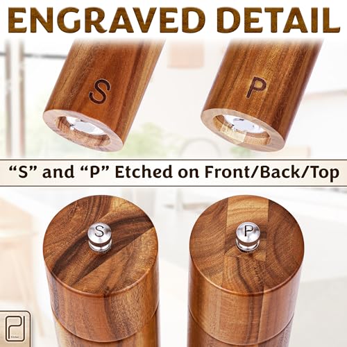 PJCKitchen Tall Wooden Salt and Pepper Grinder Set - 28 g / 1 oz each, Acacia Wood Mills - Refillable Coarse Grain Salt and Peppercorn Manual Twist Grinders - Modern or Rustic Home Table - by PJC-Kitchen - Image 3