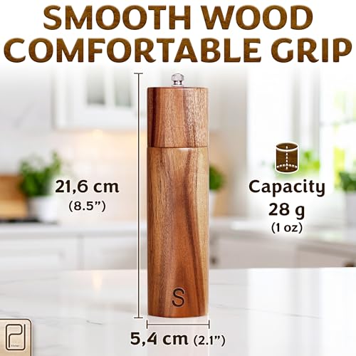 PJCKitchen Tall Wooden Salt and Pepper Grinder Set - 28 g / 1 oz each, Acacia Wood Mills - Refillable Coarse Grain Salt and Peppercorn Manual Twist Grinders - Modern or Rustic Home Table - by PJC-Kitchen - Image 4