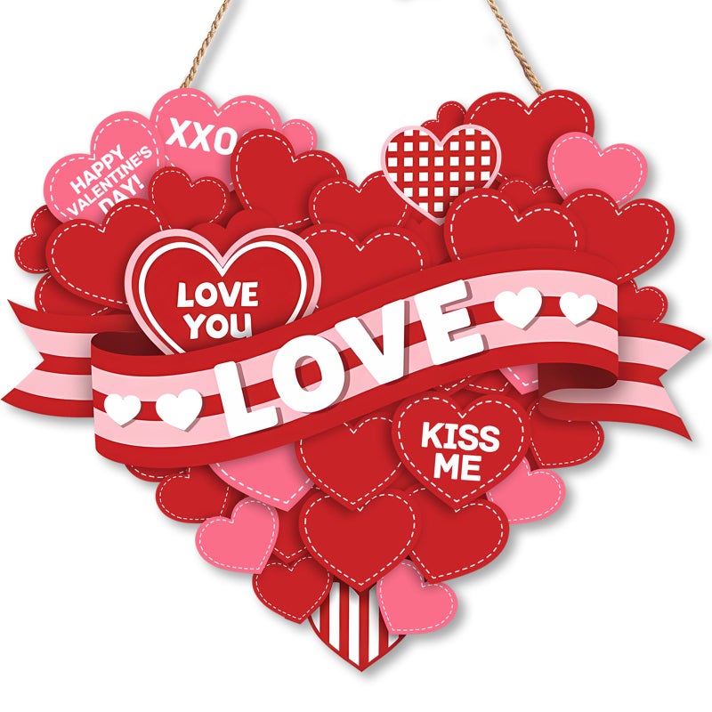 DISENB Valentines Day Wreath Wooden Heart Hanging Sign Layered Heart Design with Red Pink Soft Pink Color Palettes, Wooden Ribbon Style Accents Romantic Love Phrases, Festive Door Wall Mantel Decor for Valentineâ€™s Day Red - Image 1