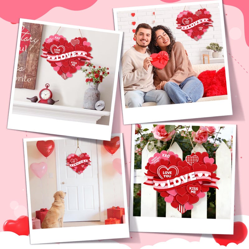 DISENB Valentines Day Wreath Wooden Heart Hanging Sign Layered Heart Design with Red Pink Soft Pink Color Palettes, Wooden Ribbon Style Accents Romantic Love Phrases, Festive Door Wall Mantel Decor for Valentineâ€™s Day Red - Image 3