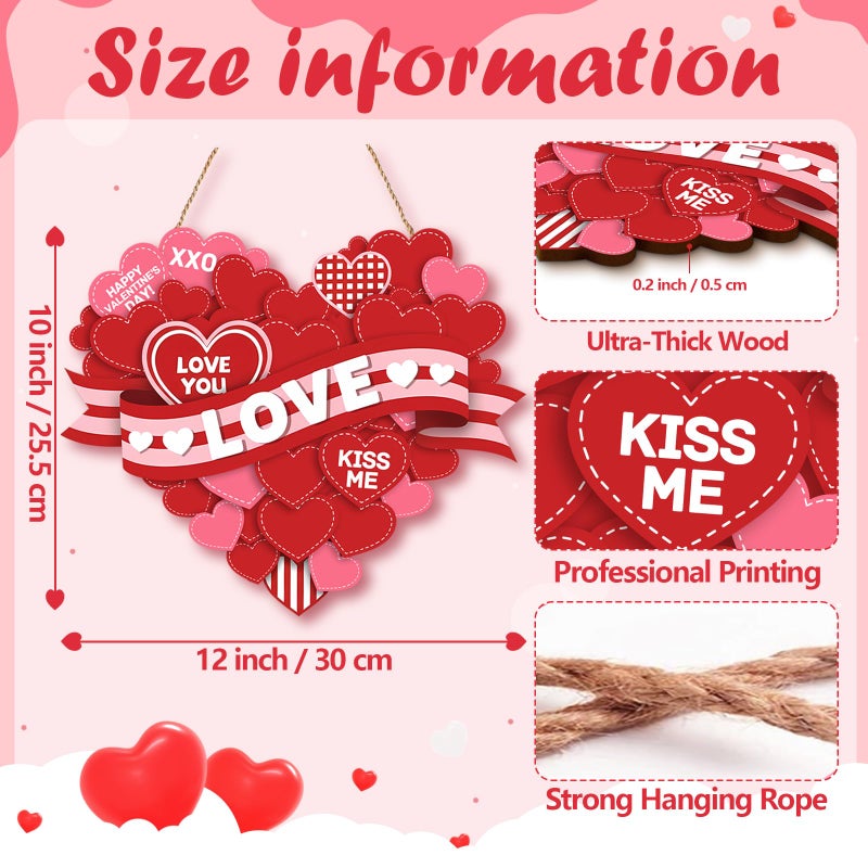 DISENB Valentines Day Wreath Wooden Heart Hanging Sign Layered Heart Design with Red Pink Soft Pink Color Palettes, Wooden Ribbon Style Accents Romantic Love Phrases, Festive Door Wall Mantel Decor for Valentineâ€™s Day Red - Image 2