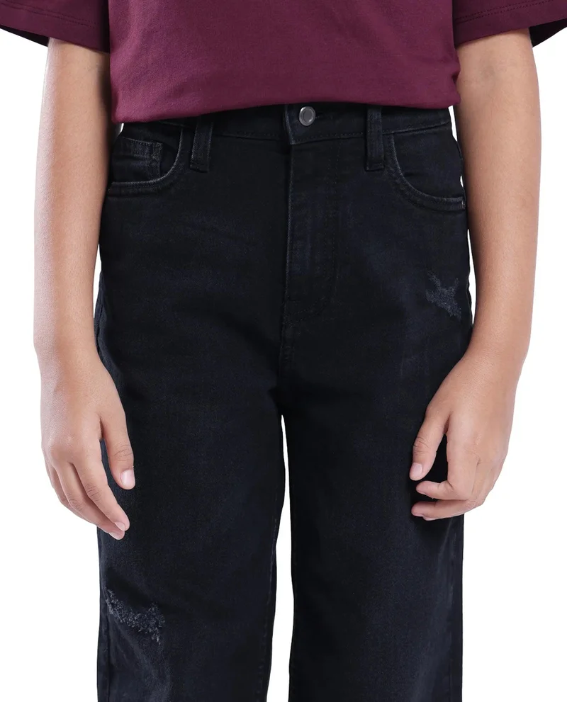 رير ونز Rare Ones Kids Lea Black Cotton Solid Button And Zip Closure Wide Leg Fit Jeans