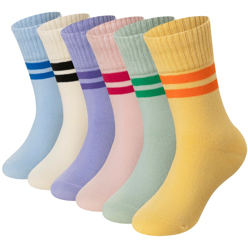 Eyean Girls Socks Little Kids Crew Cotton Youth Breathable Cute Dress Socks 6 Pairs (9-13 Years,Striped D) - Image 1