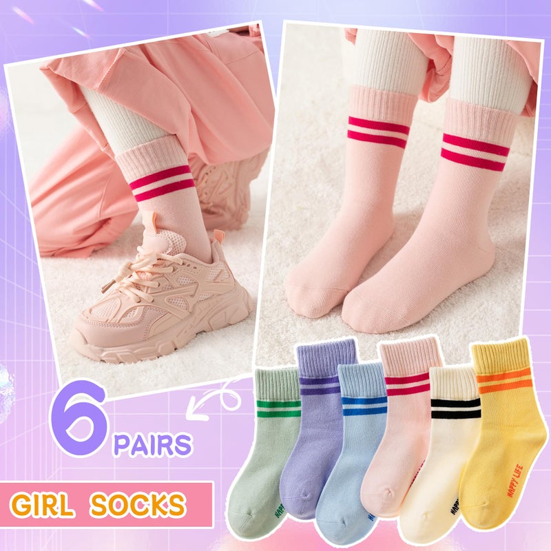 Eyean Girls Socks Little Kids Crew Cotton Youth Breathable Cute Dress Socks 6 Pairs (9-13 Years,Striped D) - Image 3