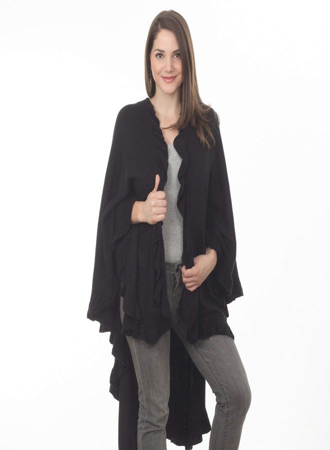 Fennco Styles Women's Ruffle Trim Knit Open Front Poncho Cape Shawl - Fall Wrap Jacket, Cozy and Stylish Layering Piece, Multiple Colors (Black) - Image 3
