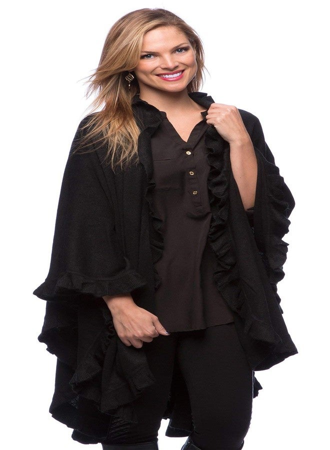Fennco Styles Women's Ruffle Trim Knit Open Front Poncho Cape Shawl - Fall Wrap Jacket, Cozy and Stylish Layering Piece, Multiple Colors (Black) - Image 1