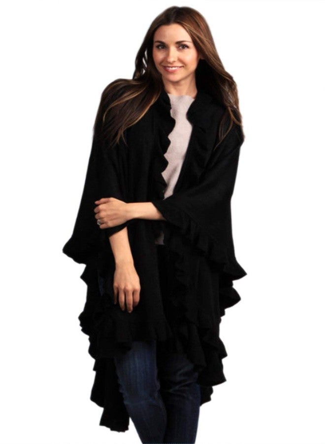 Fennco Styles Women's Ruffle Trim Knit Open Front Poncho Cape Shawl - Fall Wrap Jacket, Cozy and Stylish Layering Piece, Multiple Colors (Black) - Image 2