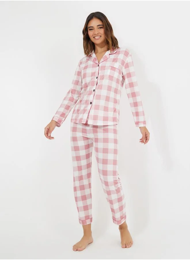 Styli Gingham Piped Button Through Shirt & Pyjama Set