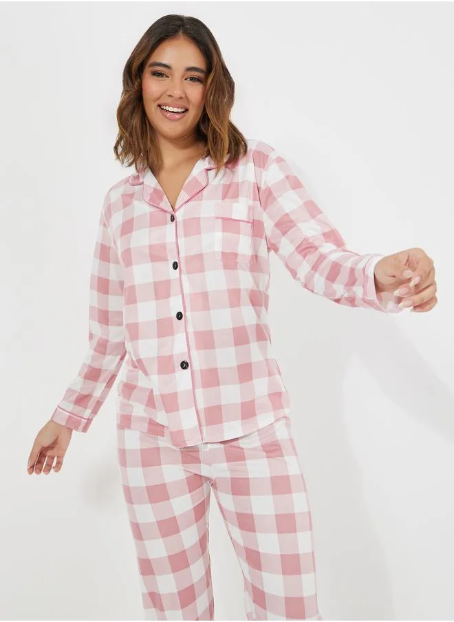 Styli Gingham Piped Button Through Shirt & Pyjama Set