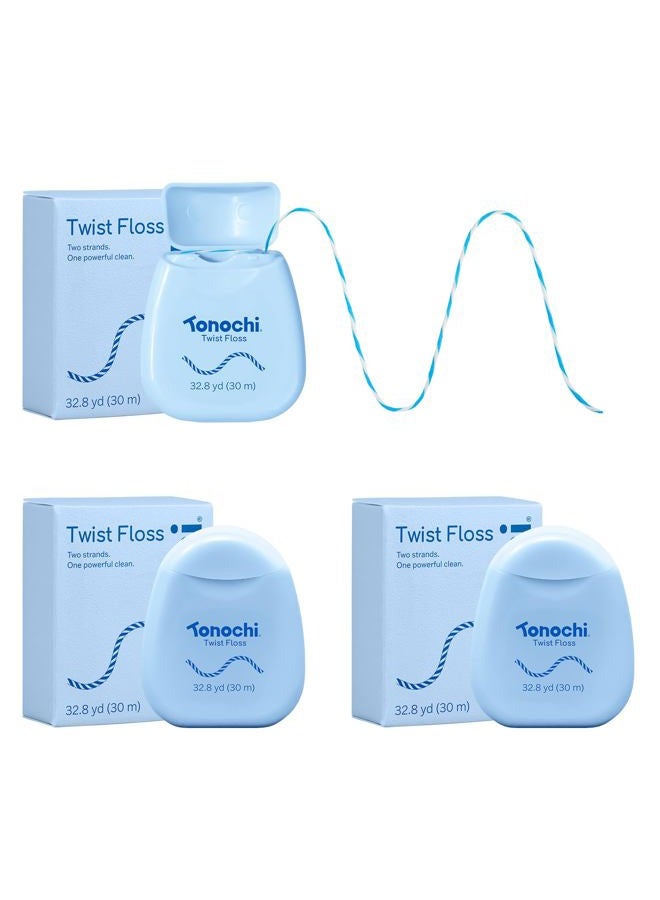 Tonochi Twist Woven Dental Floss, Two-Tone Color-Tint Fibers for Visible Plaque Tracking, Braided & Shred-Resistant, Smooth Glide, Gentle on Gums, Mint + Xylitol Freshness, 3-Pack (33 yd Each) - Image 1