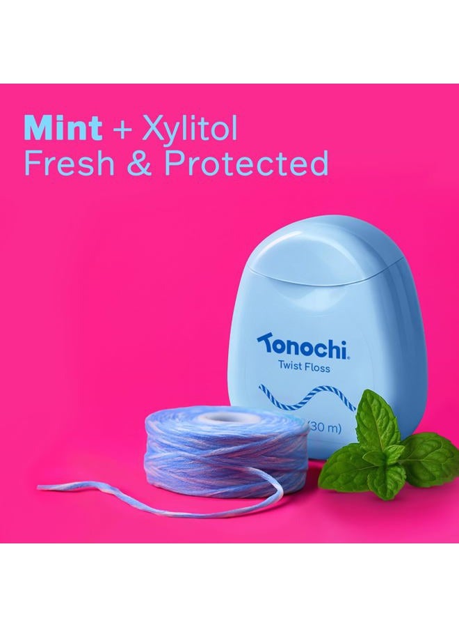 Tonochi Twist Woven Dental Floss, Two-Tone Color-Tint Fibers for Visible Plaque Tracking, Braided & Shred-Resistant, Smooth Glide, Gentle on Gums, Mint + Xylitol Freshness, 3-Pack (33 yd Each) - Image 5