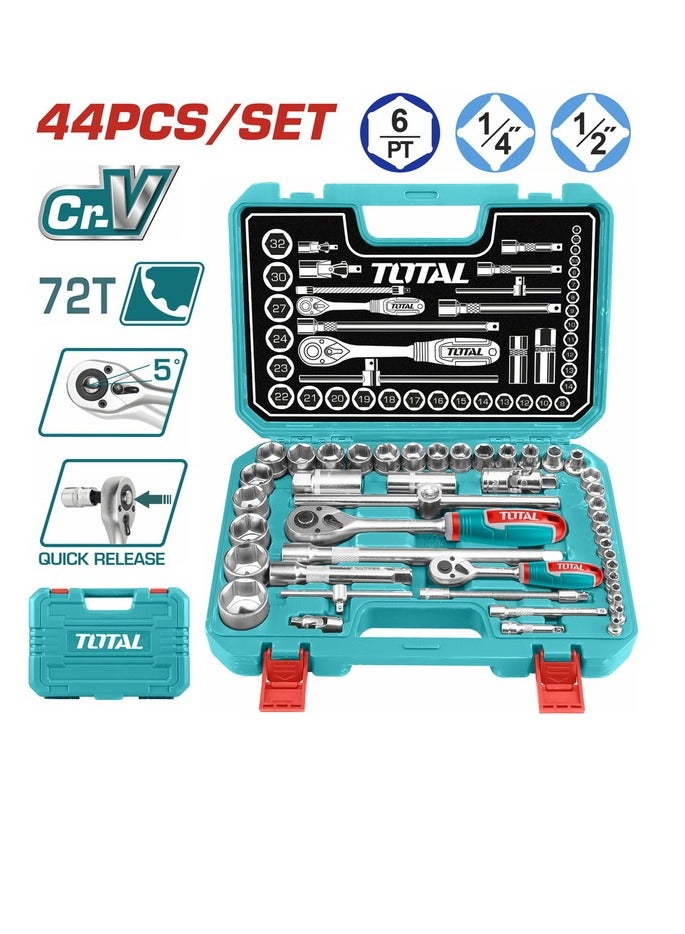 TOTAL Super Total 44-Piece 1/4" & 1/2" Socket Set with Ratchet Wrenches, Extensions & Spark Plug Sockets – Durable Cr-V Steel Tool Kit for Automotive & DIY Projects | THT421441  - Image 1