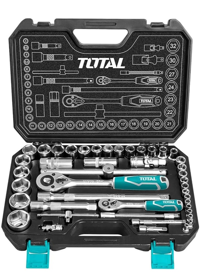 TOTAL Super Total 44-Piece 1/4" & 1/2" Socket Set with Ratchet Wrenches, Extensions & Spark Plug Sockets – Durable Cr-V Steel Tool Kit for Automotive & DIY Projects | THT421441  - Image 2