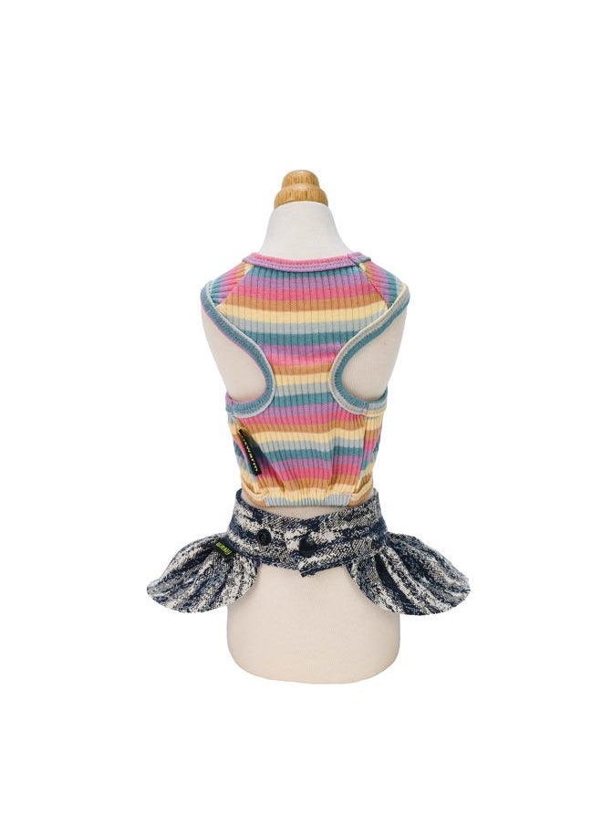 Fitwarm Striped Dog Dress with Rhinestones Lettering, 2 Piece Summer Dog Clothes for Small Dogs Girl with Crop Top and Denim Skirt, Pet Cat Outfit, Pink, Blue, Yellow, Large  - Image 2