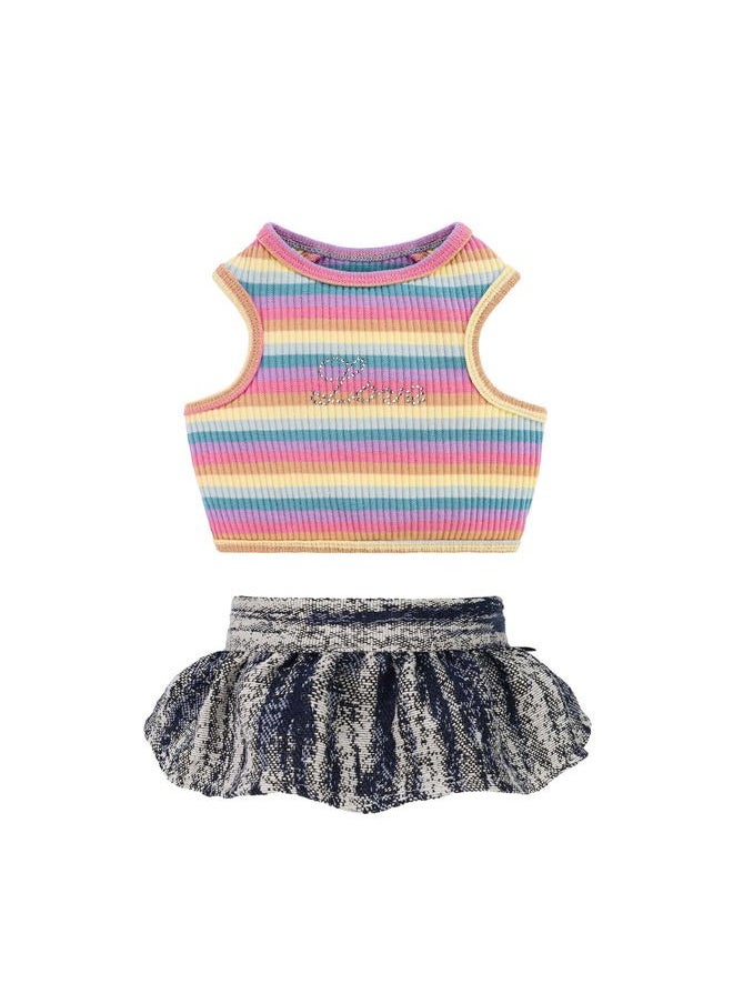 Fitwarm Striped Dog Dress with Rhinestones Lettering, 2 Piece Summer Dog Clothes for Small Dogs Girl with Crop Top and Denim Skirt, Pet Cat Outfit, Pink, Blue, Yellow, Large  - Image 1