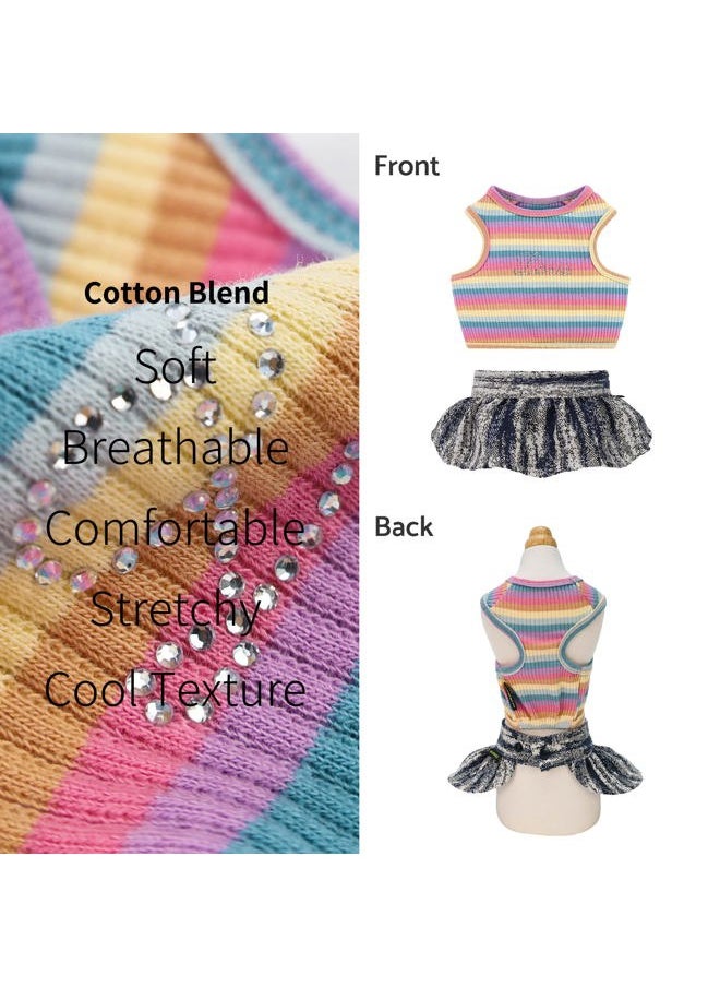 Fitwarm Striped Dog Dress with Rhinestones Lettering, 2 Piece Summer Dog Clothes for Small Dogs Girl with Crop Top and Denim Skirt, Pet Cat Outfit, Pink, Blue, Yellow, Large  - Image 4