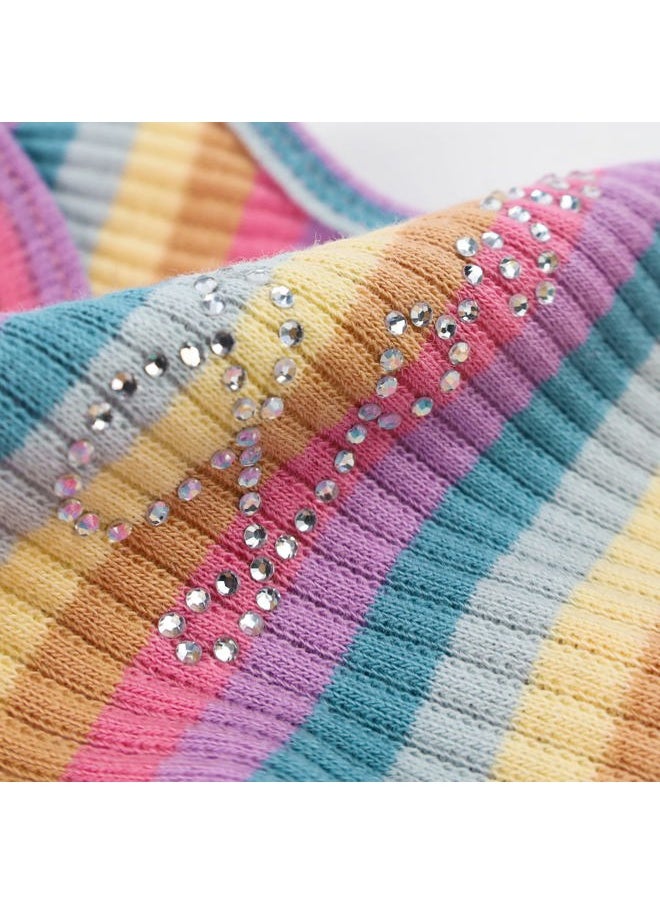 Fitwarm Striped Dog Dress with Rhinestones Lettering, 2 Piece Summer Dog Clothes for Small Dogs Girl with Crop Top and Denim Skirt, Pet Cat Outfit, Pink, Blue, Yellow, Large  - Image 3