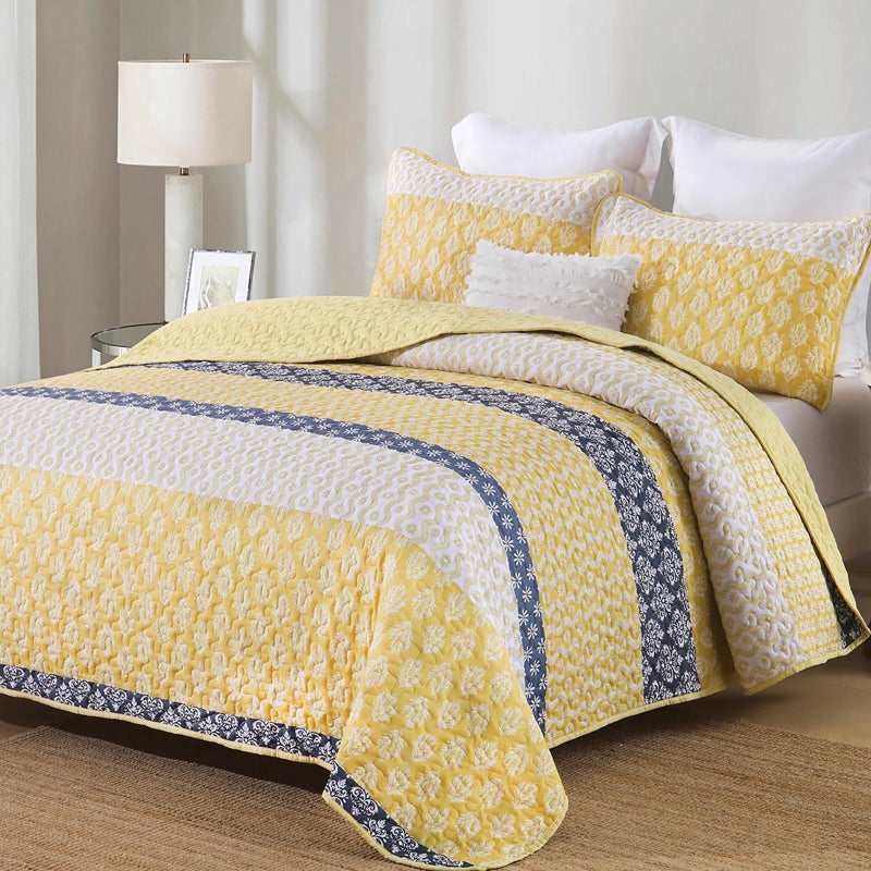 Cottolester Boho Quilt Set Queen Size Yellow Striped Bedspread Lightweight Soft Microfiber Bedding Set 96x90 3 Pieces