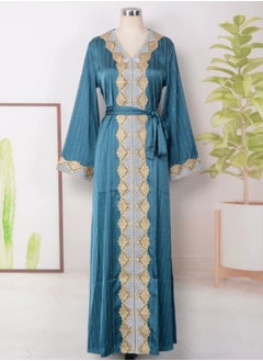 إسكدنيا إمرأة مسلمة Abaya مساء ثوب متألق حجر الراين ثوب زخرفيّة , حزام سير , ثوب أزرق داكن  - Image 1