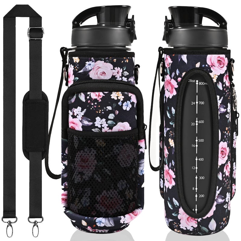 Newfad 32 oz Water Bottle with Straw and Sleeve Motivational Water Bottle with Time Marker and Adjustable Shoulder Strap BPA Free Leakproof Sport Water Jug for Hiking Gym