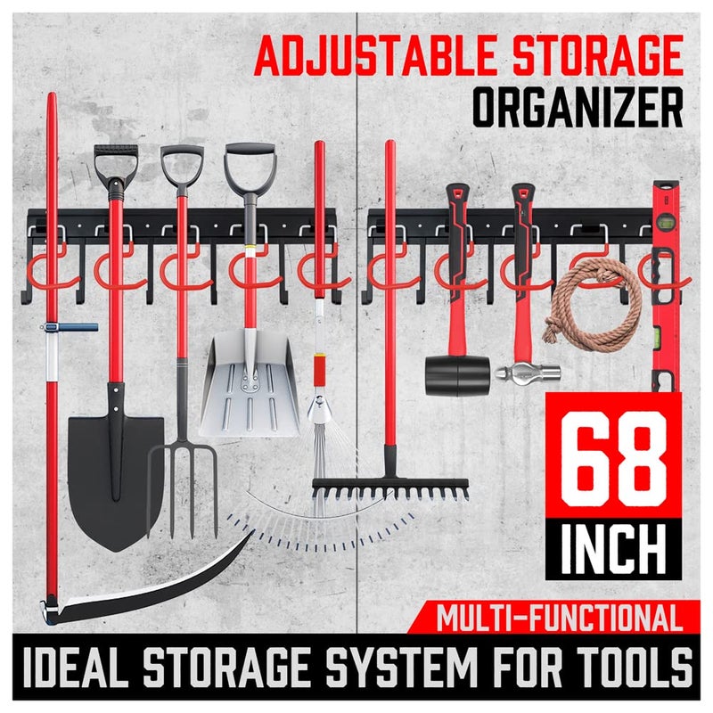 SEDY 68" All Metal Garden Tool Organizer Hooks - Garage Wall Organizer Sturdy Garden Tool Storage System Yard Tool Garage Tool Organizer Wall Mount Shed Organization Shovel Broom Rake Holder - Image 3