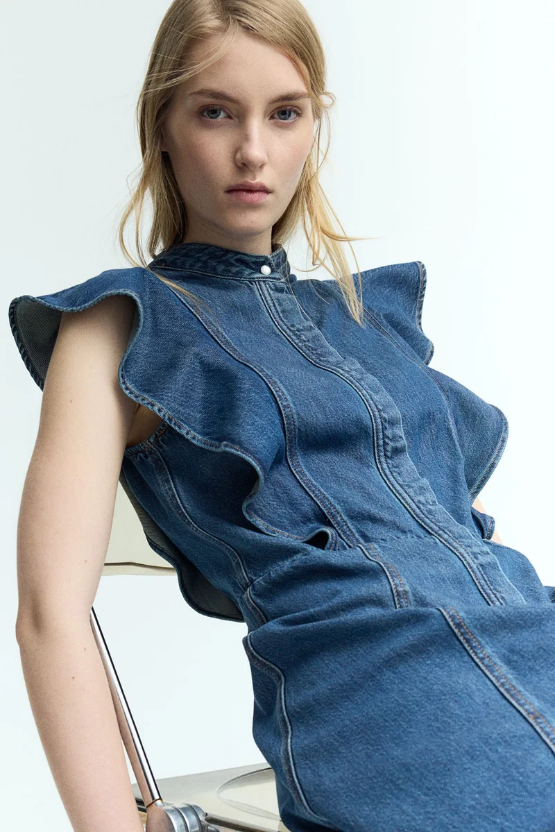 اتش اند ام Flounce-trimmed denim dress