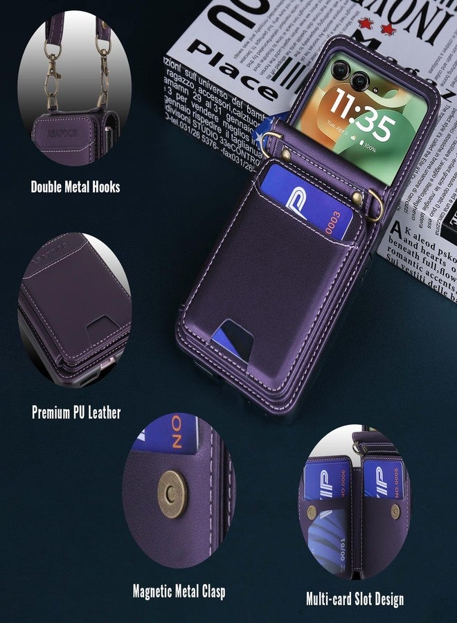 ASAPDOS for Motorola Razr 2025/2024 Wallet Case - 5 Card Slots RFID Blocking | Detachable Crossbody Strap & Wristlet | Snap Magnetic Cover | Shockproof PU Leather Purple - Image 3