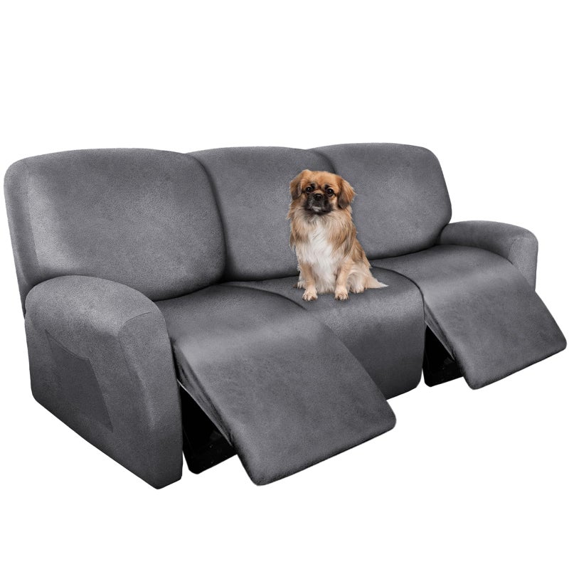 ANARACHON Recliner Couch Cover Leather Look Recliner Sofa Covers for 3 Cushion Reclining Sofa Slipcovers 8Pieces Furniture Protector Spandex Fabric Washable 3 Seater 01 Light Grey