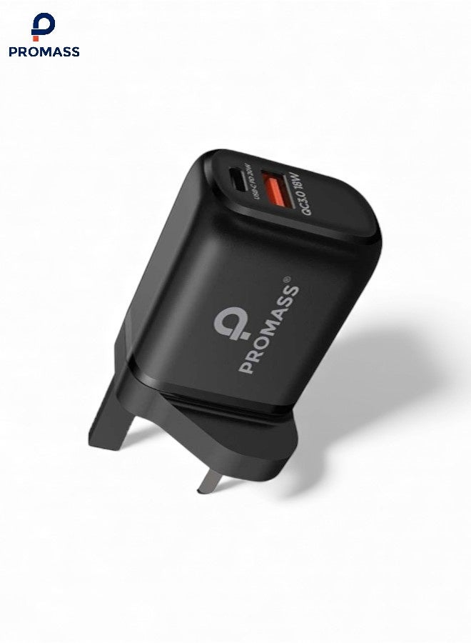 PROMASS USB charger with two 38W fast charging ports (20W PD port and 18W USB port). Compatible with smartphones and mobile devices such as iPhones, Galaxy phones, Huawei phones, and others. - Image 1