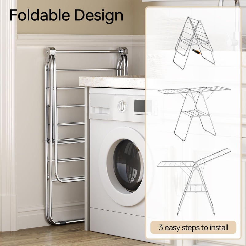 APEXCHASER Clothes Drying Rack Folding - Stainless Steel Drying Rack Clothing Height-Adjustable, Foldable Laundry Rack, Space-Saving, Collapsible for Indoor Outdoor Use for Clothe, Towels, Chrome - Image 5