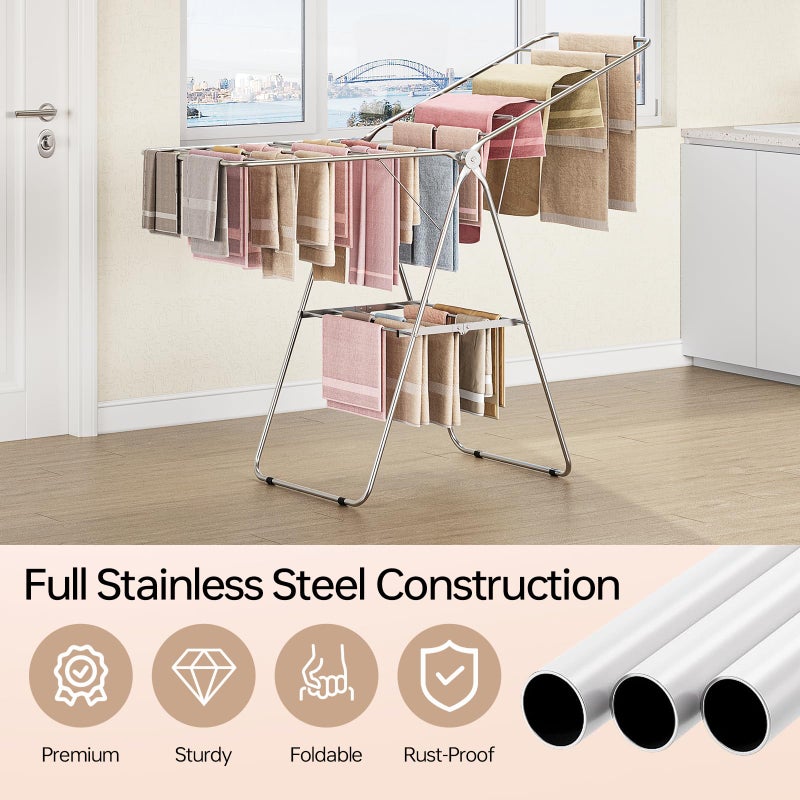 APEXCHASER Clothes Drying Rack Folding - Stainless Steel Drying Rack Clothing Height-Adjustable, Foldable Laundry Rack, Space-Saving, Collapsible for Indoor Outdoor Use for Clothe, Towels, Chrome - Image 4