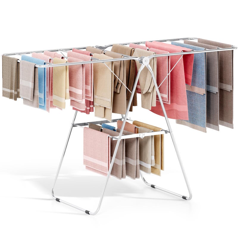 APEXCHASER Clothes Drying Rack Folding - Stainless Steel Drying Rack Clothing Height-Adjustable, Foldable Laundry Rack, Space-Saving, Collapsible for Indoor Outdoor Use for Clothe, Towels, Chrome - Image 1