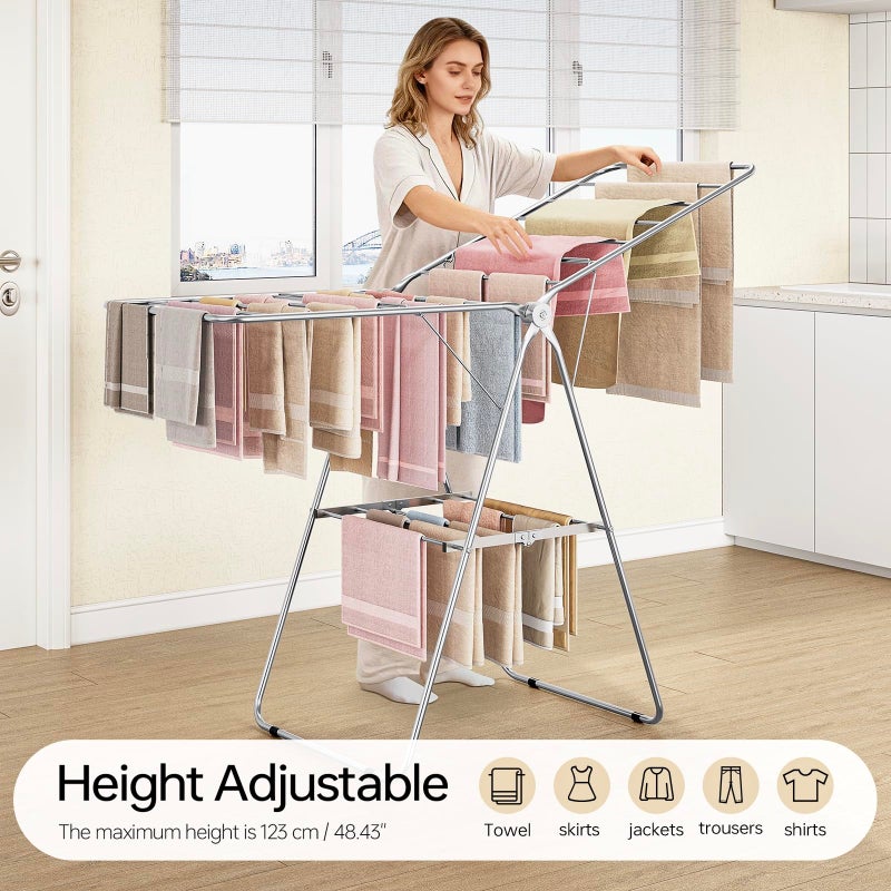 APEXCHASER Clothes Drying Rack Folding - Stainless Steel Drying Rack Clothing Height-Adjustable, Foldable Laundry Rack, Space-Saving, Collapsible for Indoor Outdoor Use for Clothe, Towels, Chrome - Image 3