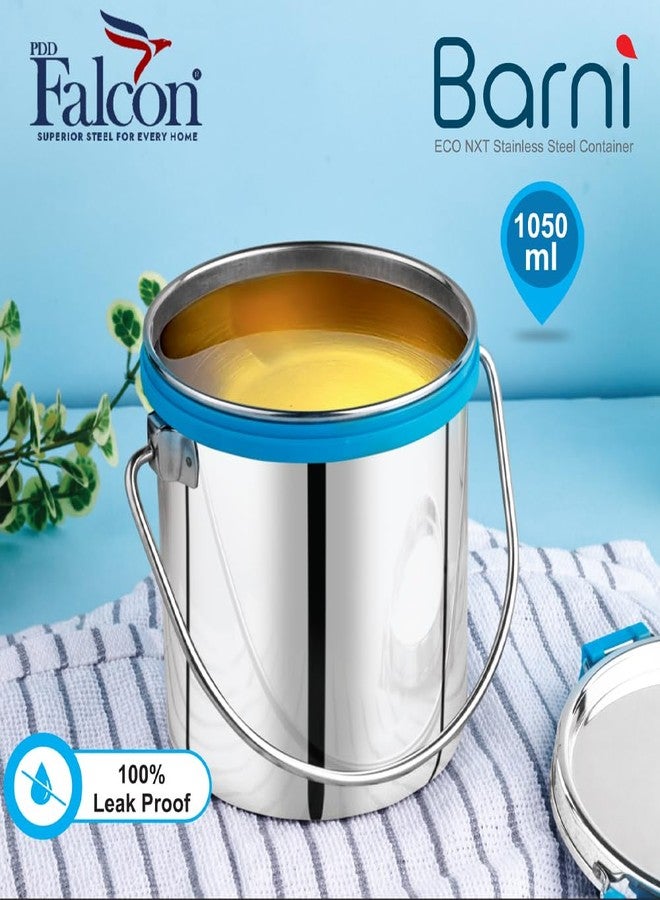PDDFALCON Stainless Steel Akhand - Jointless Milk Can/Oil Can/Milk Barni/Oil Pot with Lid,100% LeakProof BIS Certified, Jindal Seal & Made In India, 14Cm Dia, Silver (Barni 1050ml, Sea Green) - Image 4