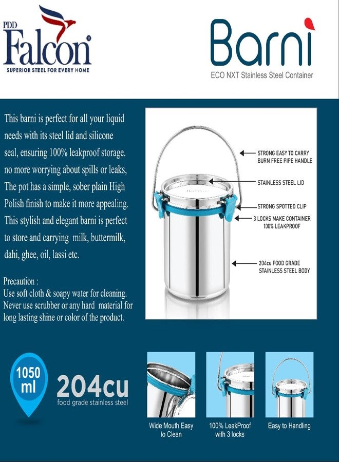 PDDFALCON Stainless Steel Akhand - Jointless Milk Can/Oil Can/Milk Barni/Oil Pot with Lid,100% LeakProof BIS Certified, Jindal Seal & Made In India, 14Cm Dia, Silver (Barni 1050ml, Sea Green) - Image 5