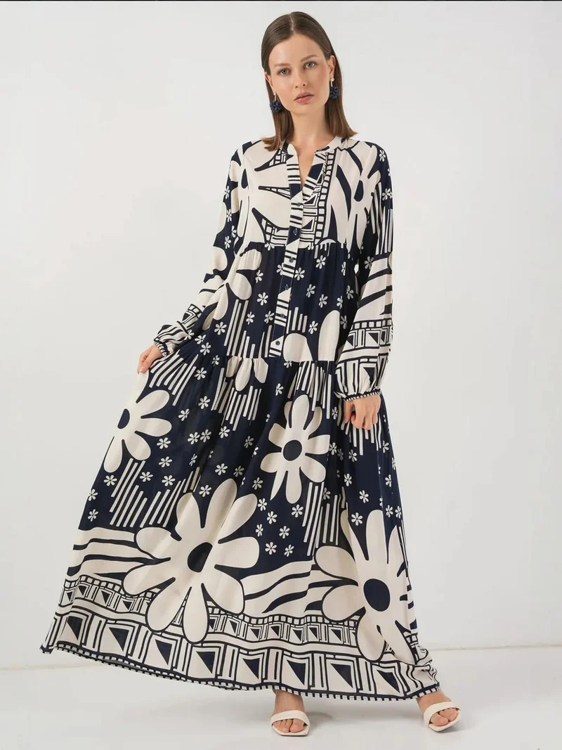 BIG DART BDART Printed V-Neck Maxi Dress with Button Closure