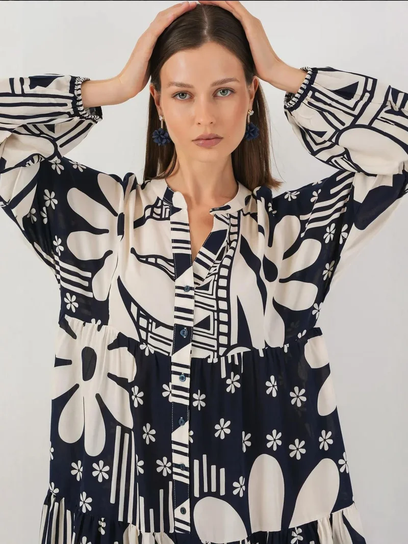 BIG DART BDART Printed V-Neck Maxi Dress with Button Closure