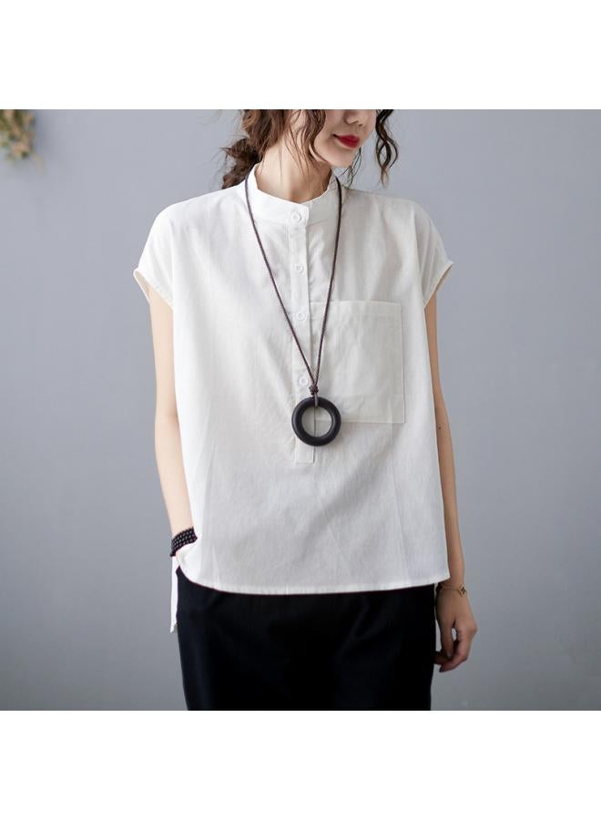 VUELO Real Shot Summer New Artistic Loose Solid Color Cotton Linen Round Neck Sleeveless Shirt Women's Shirt Top 3467# - Image 2
