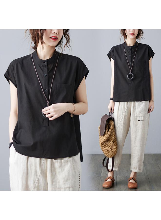 VUELO Real Shot Summer New Artistic Loose Solid Color Cotton Linen Round Neck Sleeveless Shirt Women's Shirt Top 3467# - Image 3