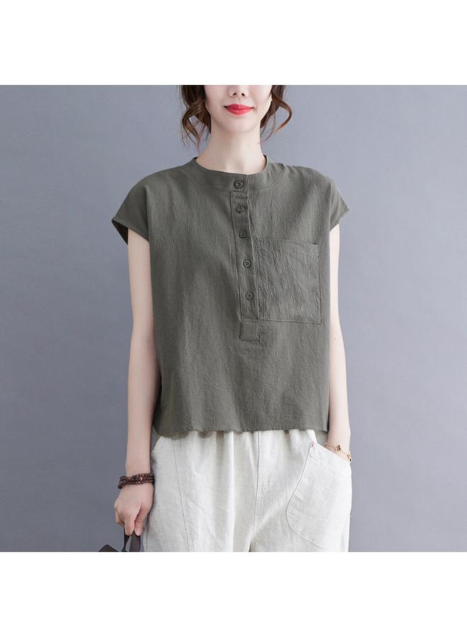VUELO Real Shot Summer New Artistic Loose Solid Color Cotton Linen Round Neck Sleeveless Shirt Women's Shirt Top 3467# - Image 1