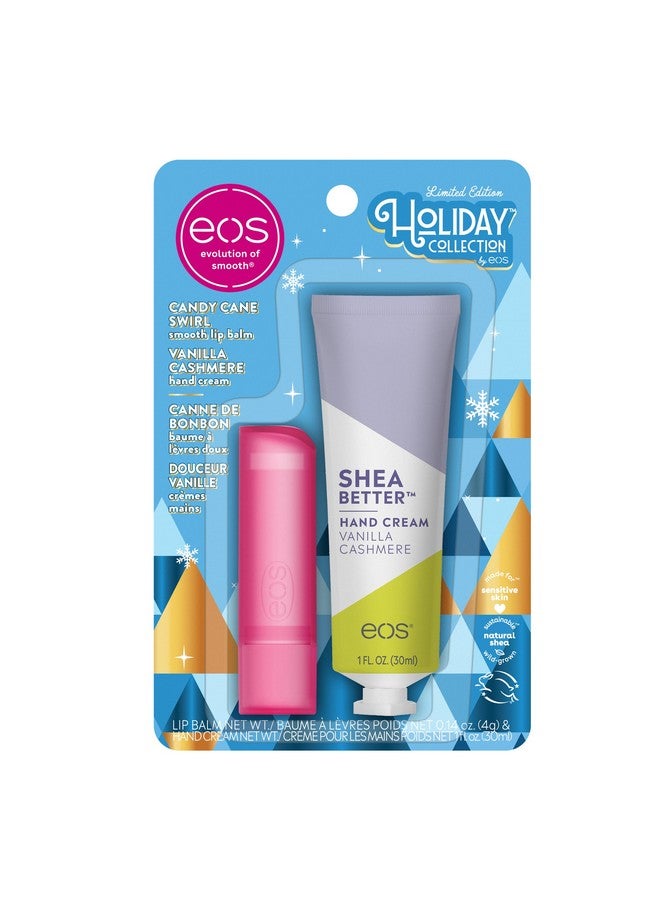 إي أو اس مجموعة العناية بالبشرة للعطلات من إي أو إس - كريم لليدين بنكهة الفانيليا والكشمير للسفر، وبلسم شفاه بنكهة حلوى قصب السكر، هدايا للجوارب، كريم لليدين 1 أونصة سائلة + بلسم شفاه 0.14 أونصة، عبوة من قطعتين - Image 1
