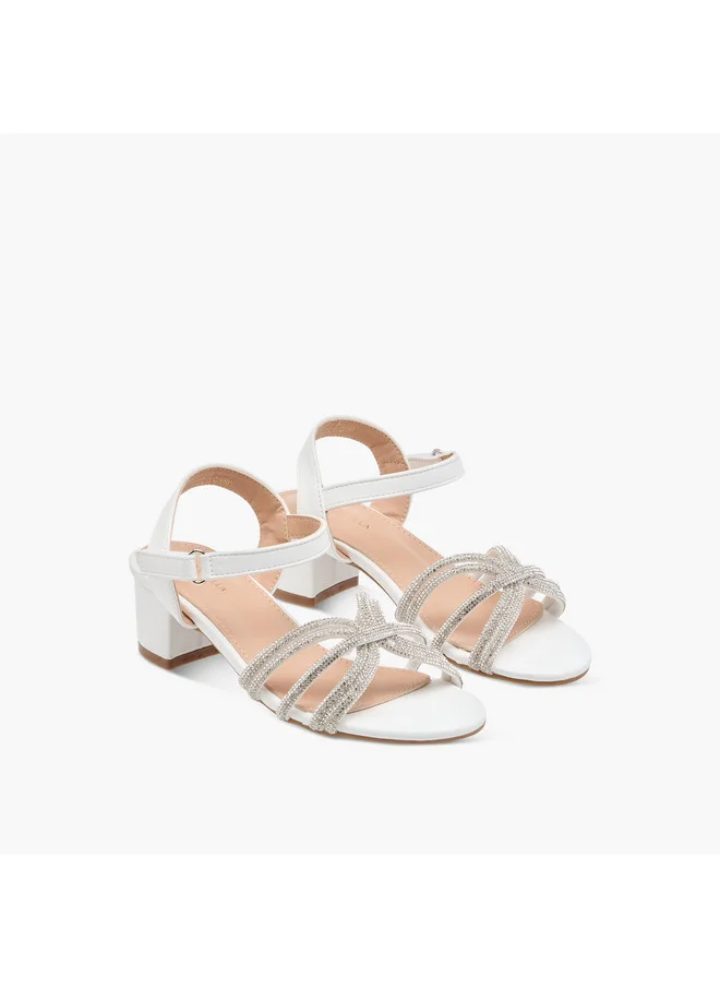 Flora Bella By Shoexpress Girls Embellished Block Heel Sandals with Hook and Loop Closure