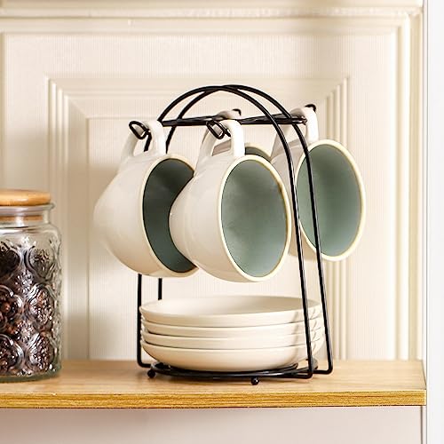 SIDUCAL Stackable Cappuccino Cup Set of 4 [8oz] Ceramic Coffee Cups with Saucers and Cup Holder,Microwave/Dishwasher Safe,Espresso Demitasse Cups(Green) - Image 5