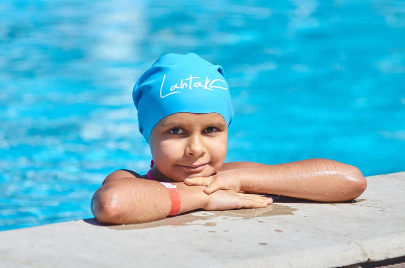 Lahtak Kids Swim Cap for Long Hair - Comfortable Fit Silicone Swimming Hat for Girls & Boys with Curly Hair, Braids, or Dreadlocks - Durable & Easy to Wear (Aqua Blue S) - Image 4