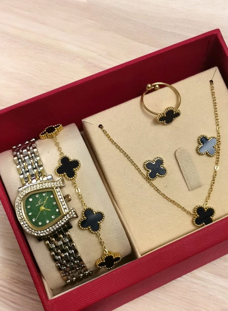 ريفولي طقم نسائي أنيق من الستانلس ستيل يتكون من ساعة مقاومة للماء مع مجموعة من الأساور والخواتم والقلائد والأقراط - Image 1